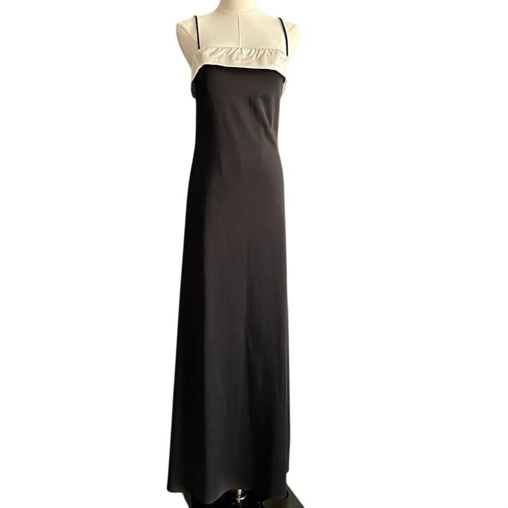 Vintage 70s Black Polyester Maxi Dress White Satin Shawl Collar Spaghetti Strap